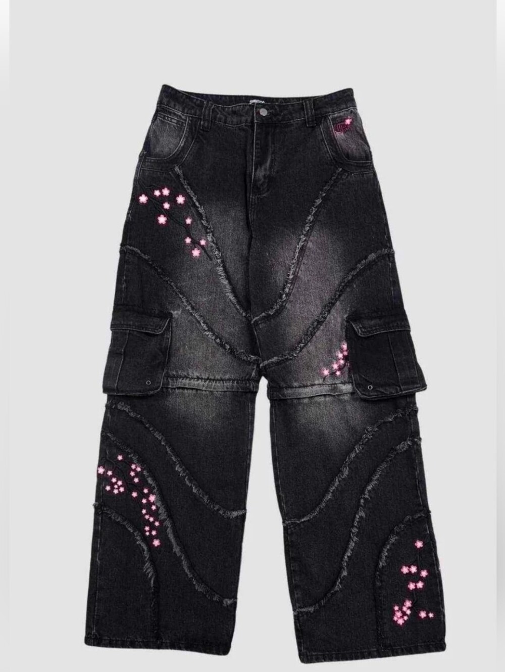 Unpractical Sakura Convertible Cargo Jeans NWT Black Floral Denim Medium - Picture 7 of 8